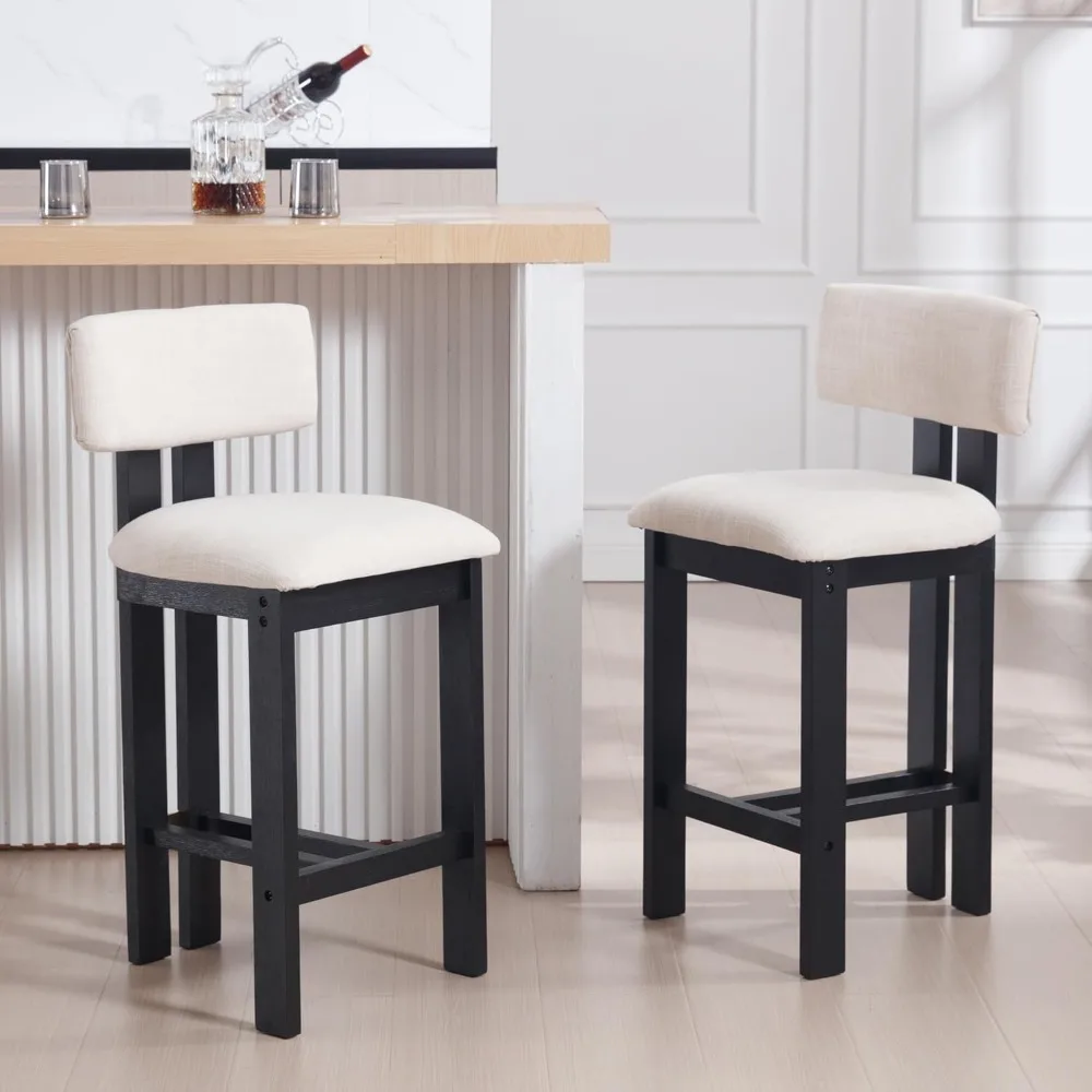 26 Counter Stools Set of 2 Counter Height Bar Stools with Back and Black Solid Wood Legs Modern Farmhouse Linen Upholstered Kitc