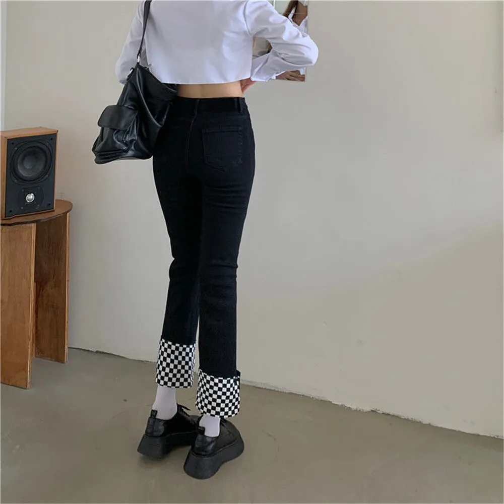 Checkerboard Cán Thẳng Quần Đùi Denim Nữ Cao Cấp Kẻ Sọc Đen Xòe Quần Jean Nữ Dạo Phố Nhà Thiết Kế Co Giãn Quần Tạo