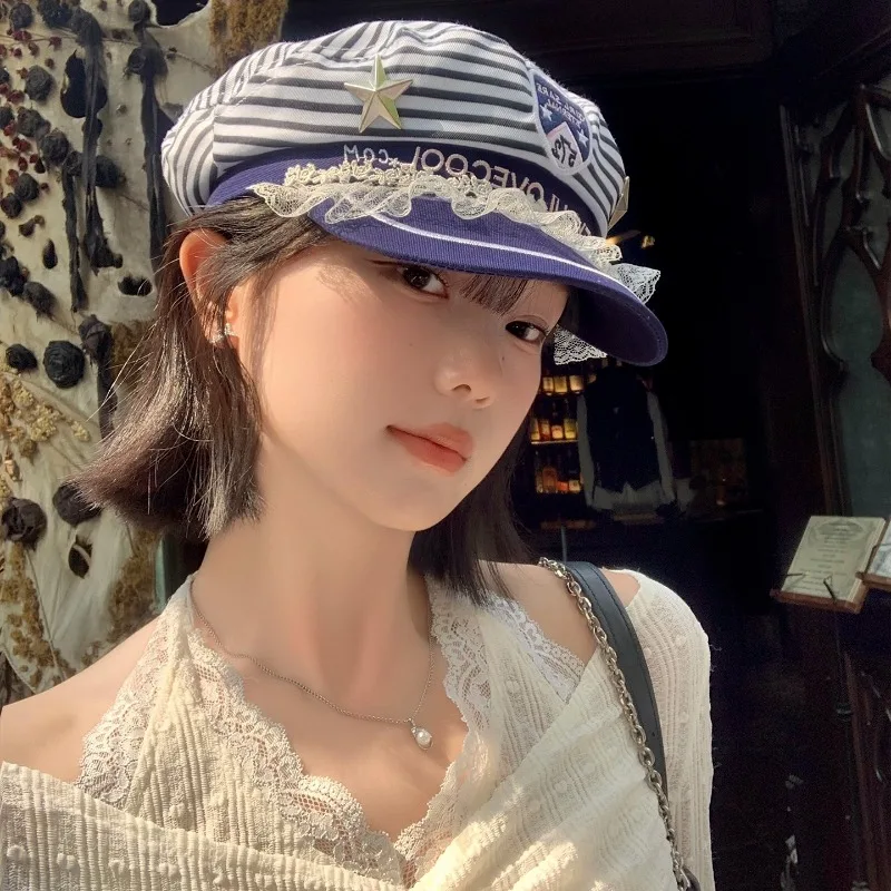 

Korean British Retro Striped Lace Beret Women's Spring and Autumn Large Version Embroidered Letters Fashion British Newsboy Cap