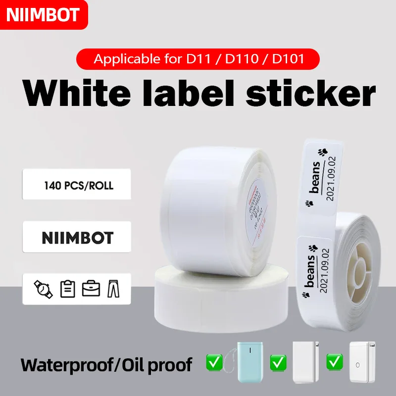 Niimbot เทปสีขาวเครื่องพิมพ์แบบพกพาขนาดเล็ก D11/D101/D110กระดาษสติ๊กเกอร์กันน้ำกันนมันไม่มีกาวพิมพ์ฉลากด้วยความร้อน