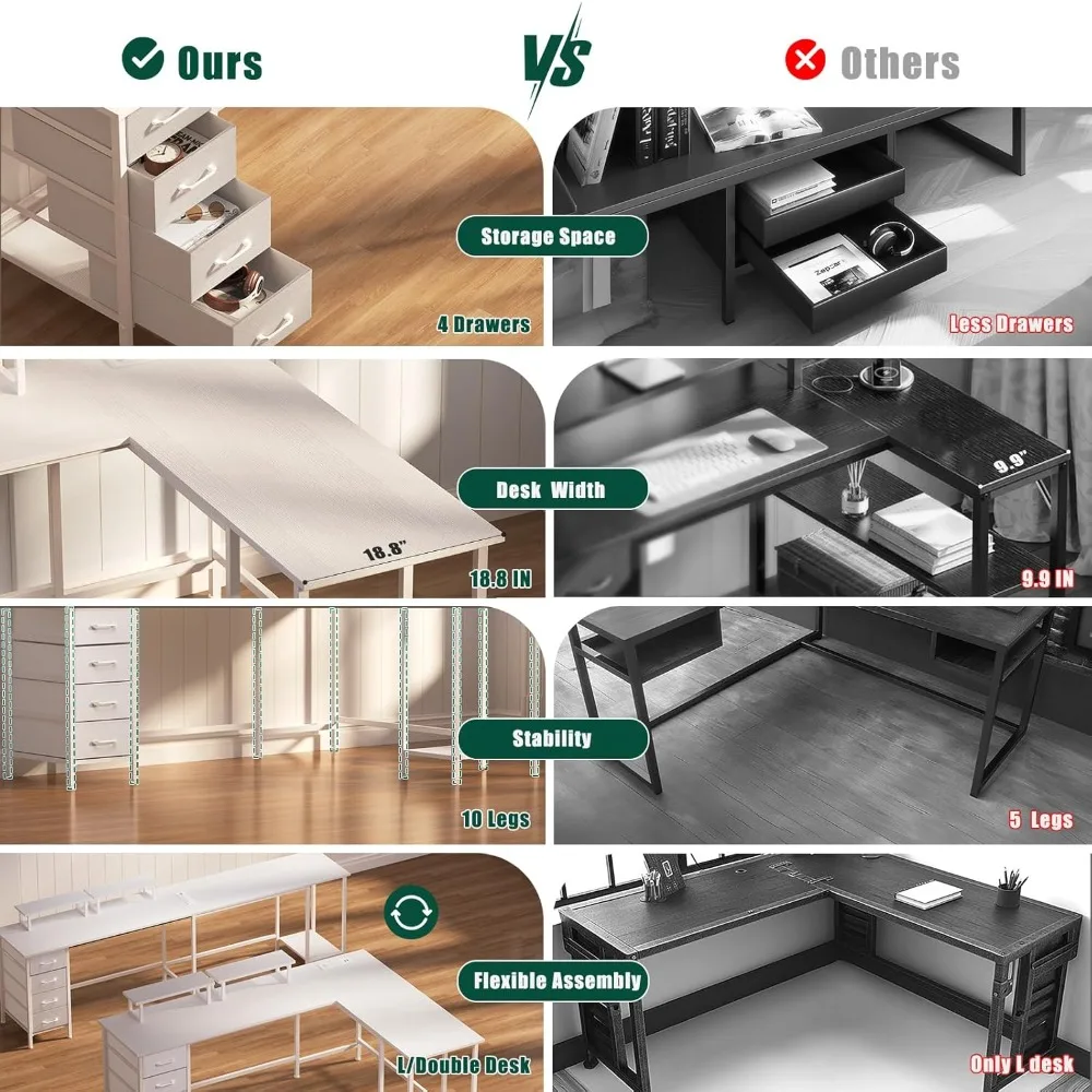 Large Corner Computer Desk 66 L-Shaped with 94.4 Work Area, 4 Adjustable Drawers, 2 Monitor Stands, and Power Outlets for Home O