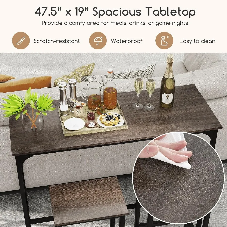 3-Piece Dining Table Set 47.5 Industrial Counter-Height Kitchen Table and 2 Bar Stools High Top Rectangular Pub Table and Chair