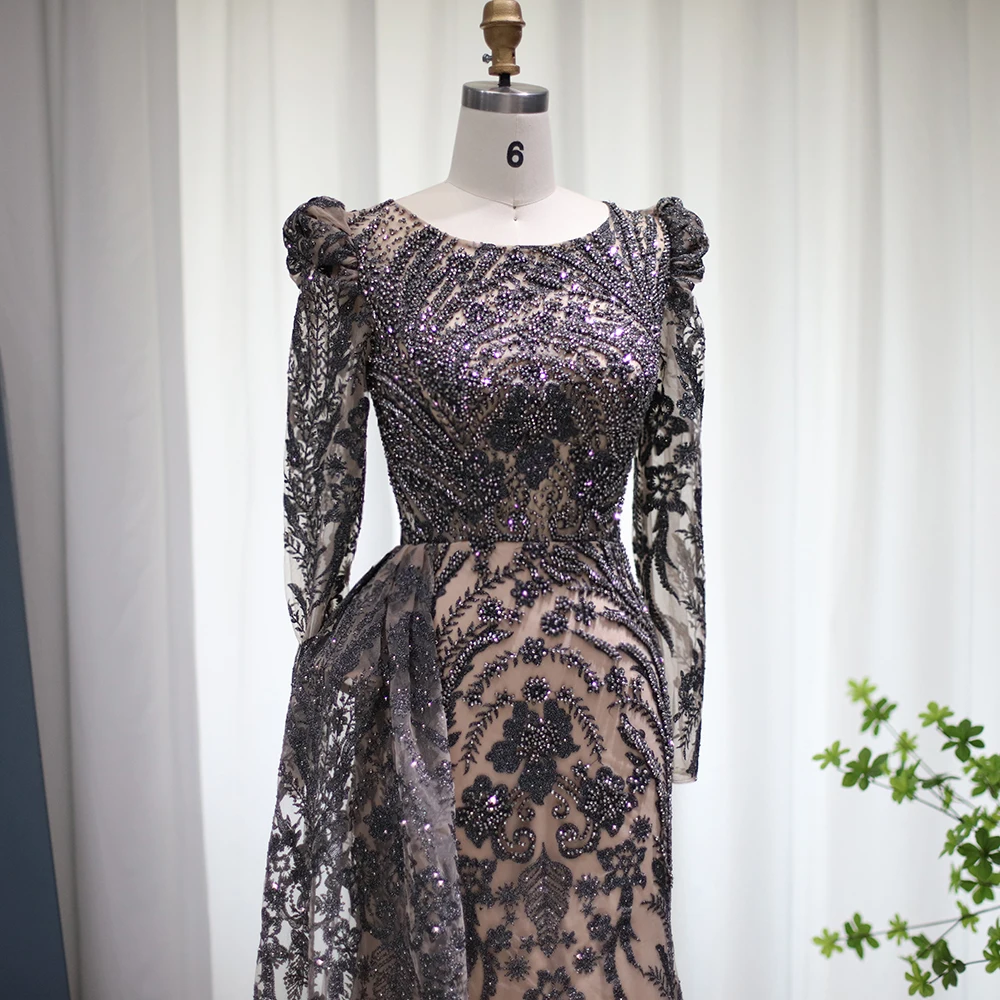 Sharon Said Dubai Schwer Kristallverziertes Übergrößen-Meerjungfrauenkleid in Braun mit Überrock für Damen, Formelles Abendkleid SS127 Maßanfertigung – Detail 12