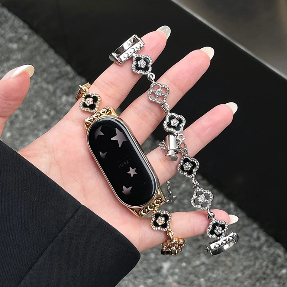 حزام لشاومي Mi Band 10 9 8 Pro حزام الساعات Miband 8Pro 9 Pro فاخر البرسيم لامعة الماس موضة زهرة سوار معصمه