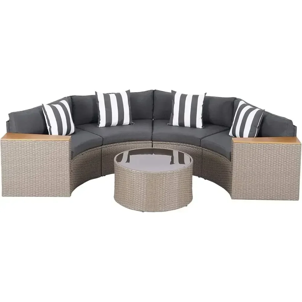 5-Piece Curved Outdoor Sectional Patio Furniture Set with Grey Cushions and Tempered Glass Top Table