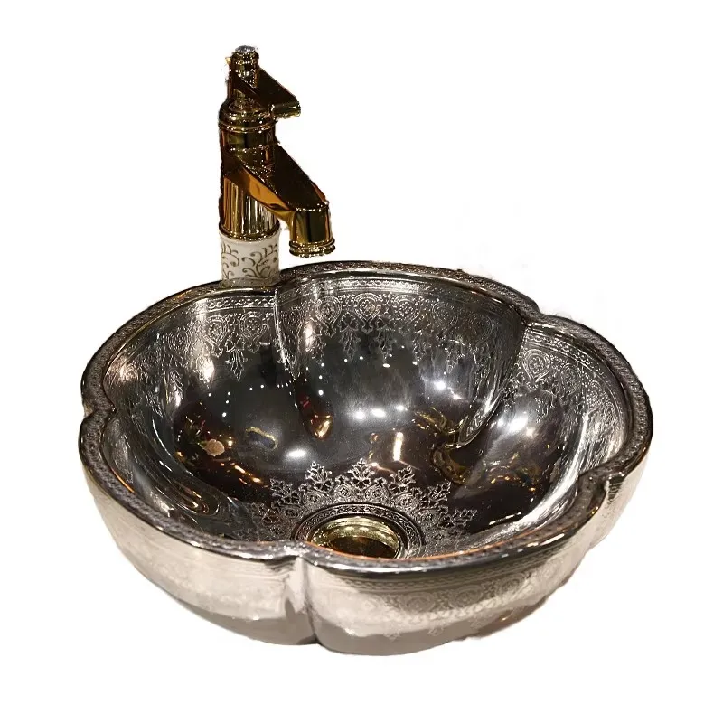 Retro style silver ceramic bathroom sink countertop wash basin, unique flower design