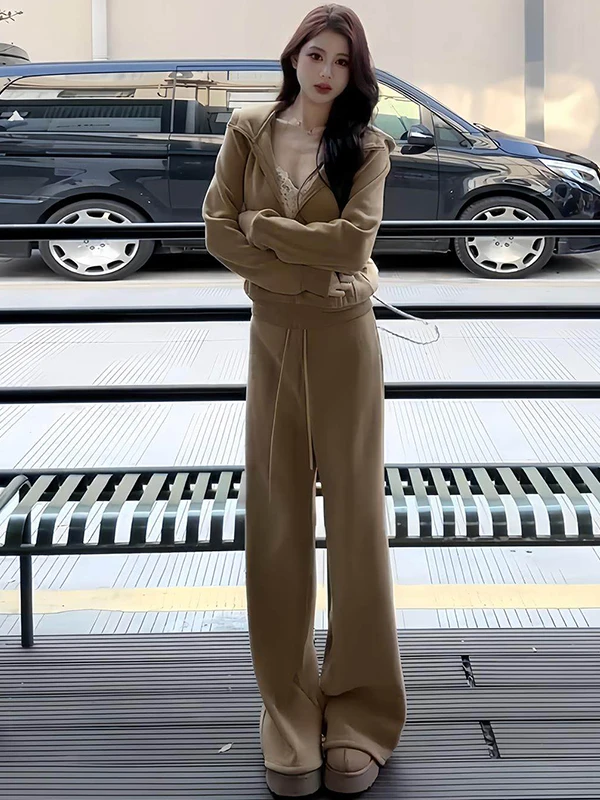 

Fashionable Sporty Two-Piece Set for Women High Waist Wide Leg Pants Hoodie Cardigan Casual Wear Spring 2026 Elegant European...