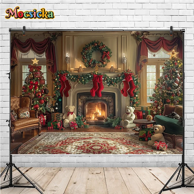 Mocsicka Winter Christmas Photography Background Fireplace Xmas Tree Holiday Party Family Kids Photo Backdrops Studio