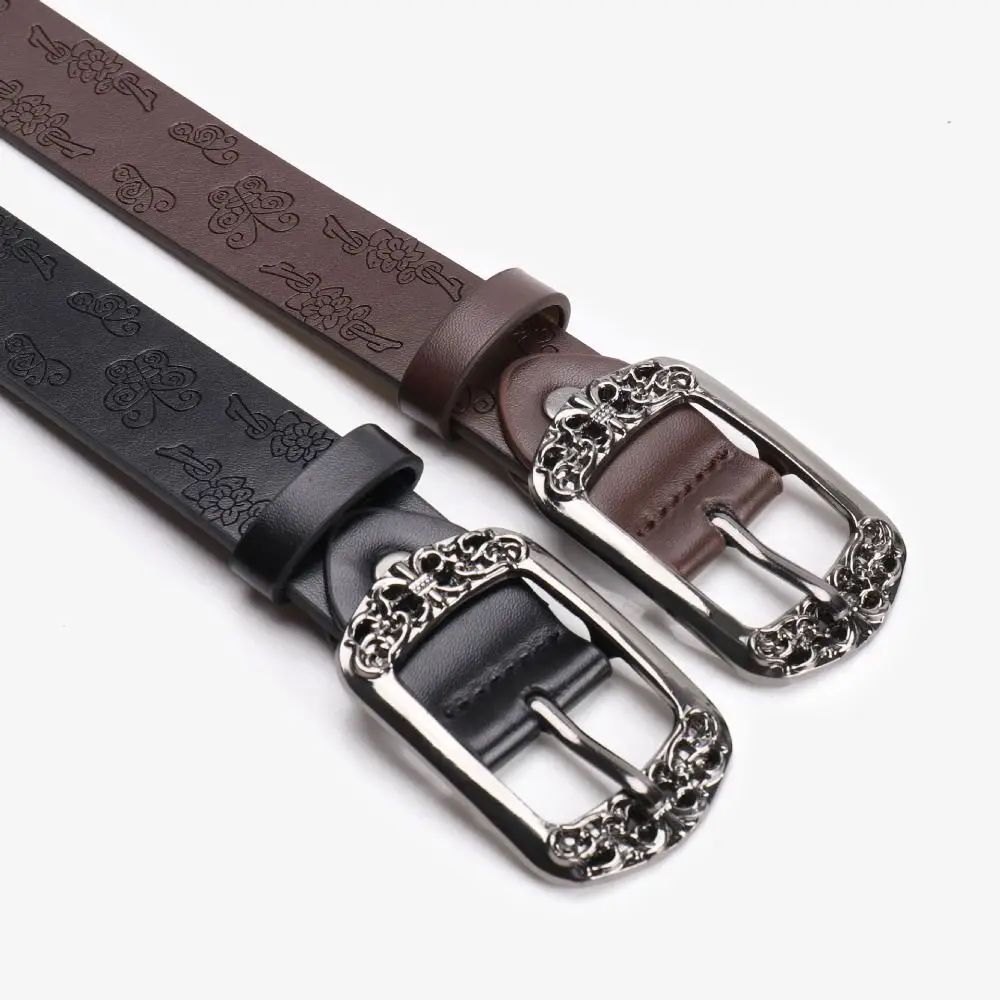 Alloy Pin Buckle Embossed PU Leather Belt Antique Metal Buckle Adjustable Carved Buckle Waist Belt Unisex Design Faux Leather