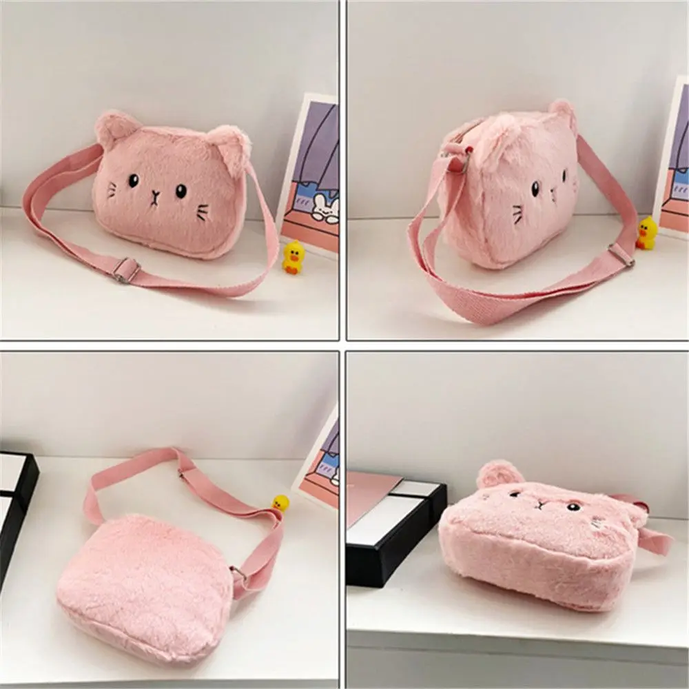 Cute Soft Plush Shoulder Bag Cartoon Cat Baby Girls Messenger Small Bag Kids Handbags Coin Purse Large Capacity Lovely