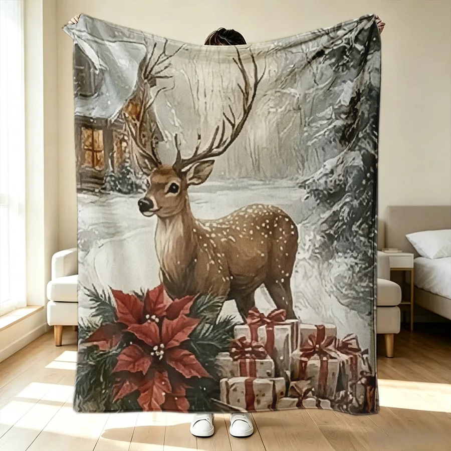 Christmas Winter Landscape Reindeer Flannel Throw Blanket, Vintage 2D Flat Single-Sided Printed Holiday Blanket