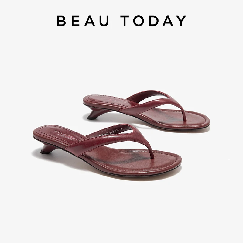 

BEAUTODAY Casual Flip Flops Women Sheepskin Leather T-Strap Open Toe Solid Slippers Outdoors Ladies Elavated Retro Shoes 35139