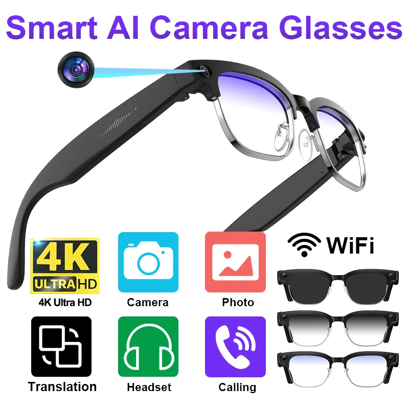 

New4K HD Camera Glasses Translation AI Glasses Video Recording BT Call Music Glasses Waterproof Sport Bluetooth Smart Sunglasses