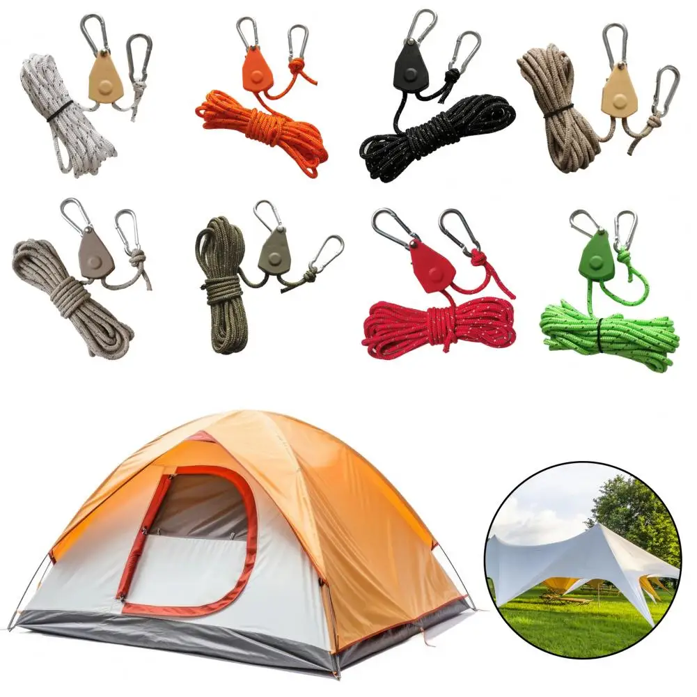 4m Camping Canopy Rope Hanger Windproof Rope Wind Rope Clip Hanger with Carabiner Medium Ropes Carabiner Set Lanyard Pulley