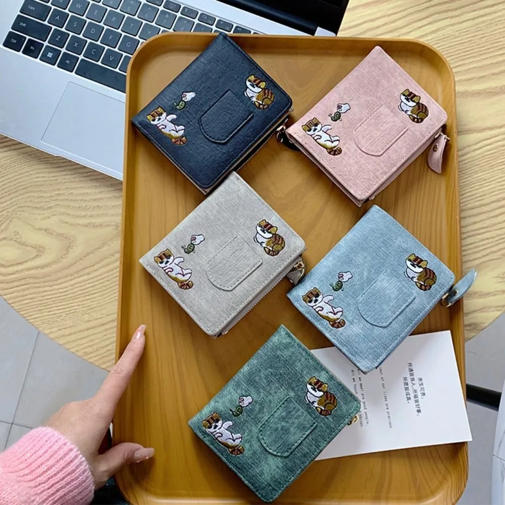 Simple Korean Style Embroidered Cat Wallet Purse Short Clutch Coin Pouch Multi-function Multi Slot Canvas Card Bag Outdoor