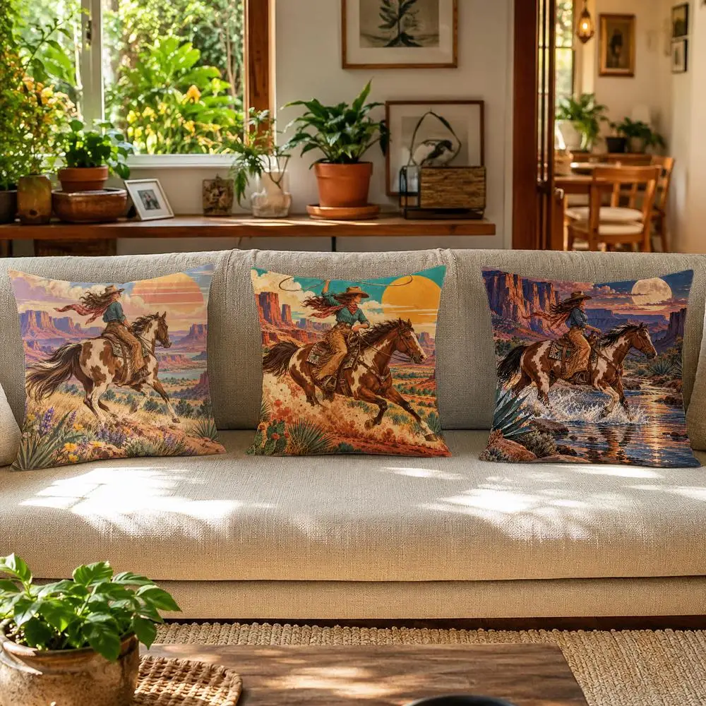 Cowgirl Southwestern Desert Landscape Cushion Cover Skin-Friendly Linen Pillow Cover Durable Hypoallergenic Washable Soft
