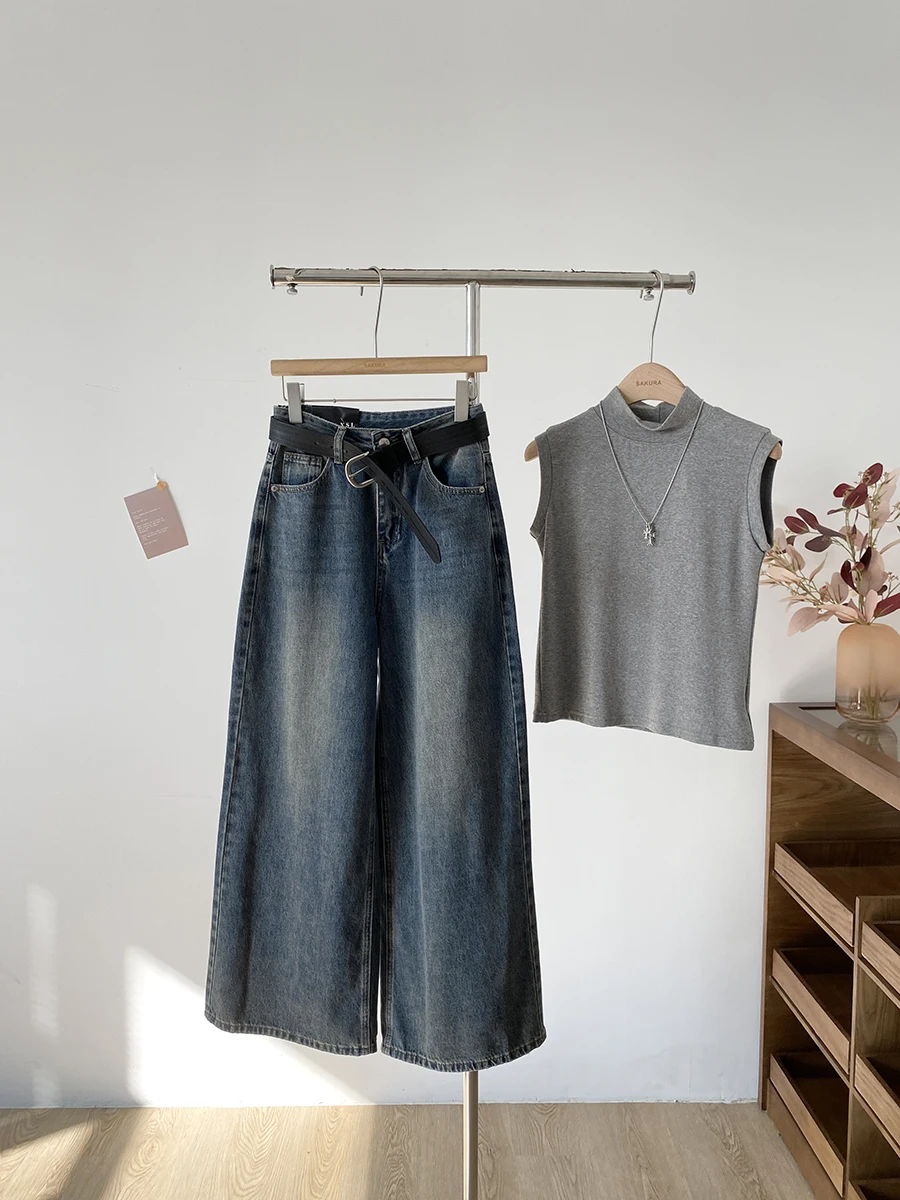 

Spring 2026 High Waist Loose Wide Leg Jeans Women's Slim Fit Retro Washed American Style Casual Commute Pure Color Polyester ...