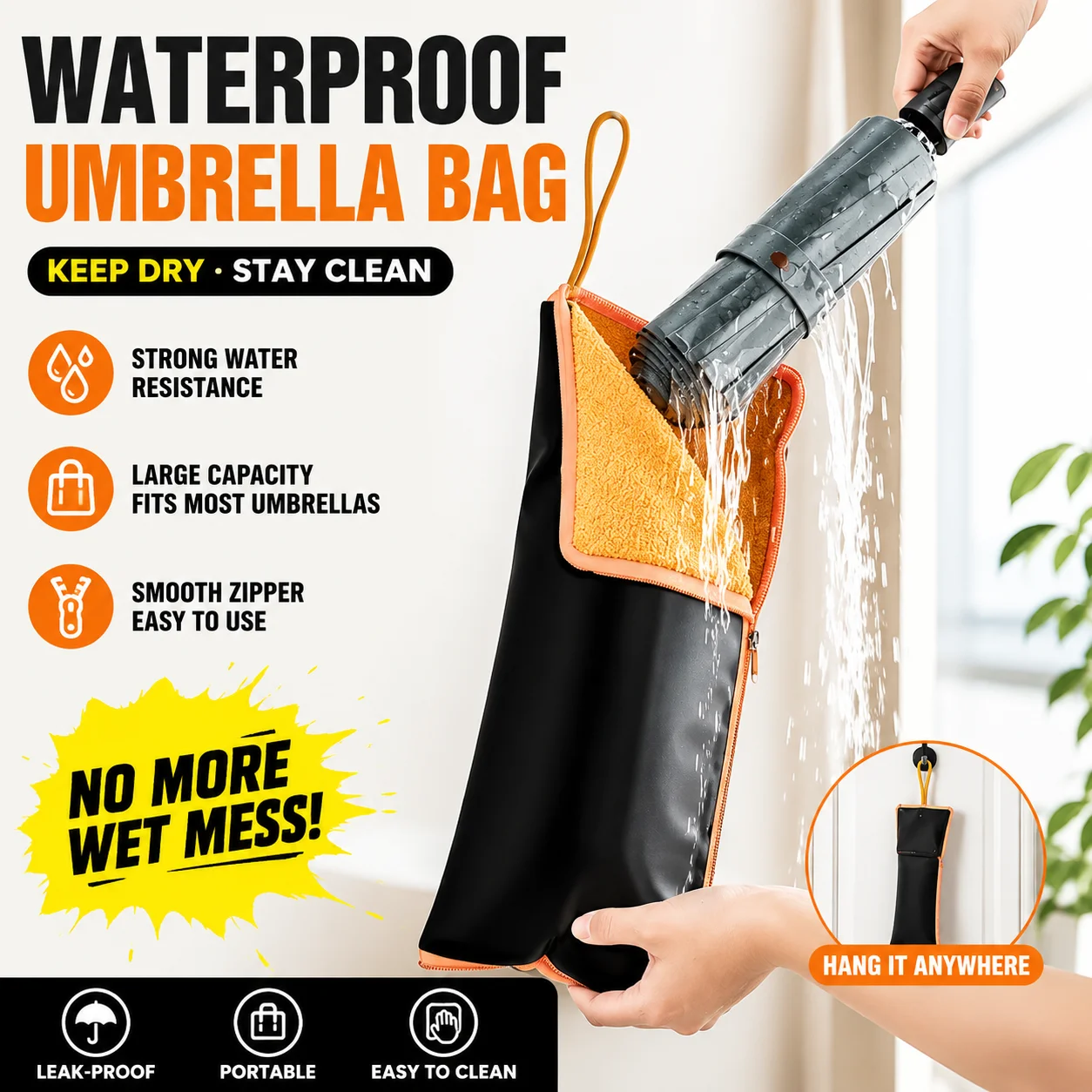 Multi functional umbrella storage bag, weather resistant and foldable umbrella storage cover with hanging rope, waterproof