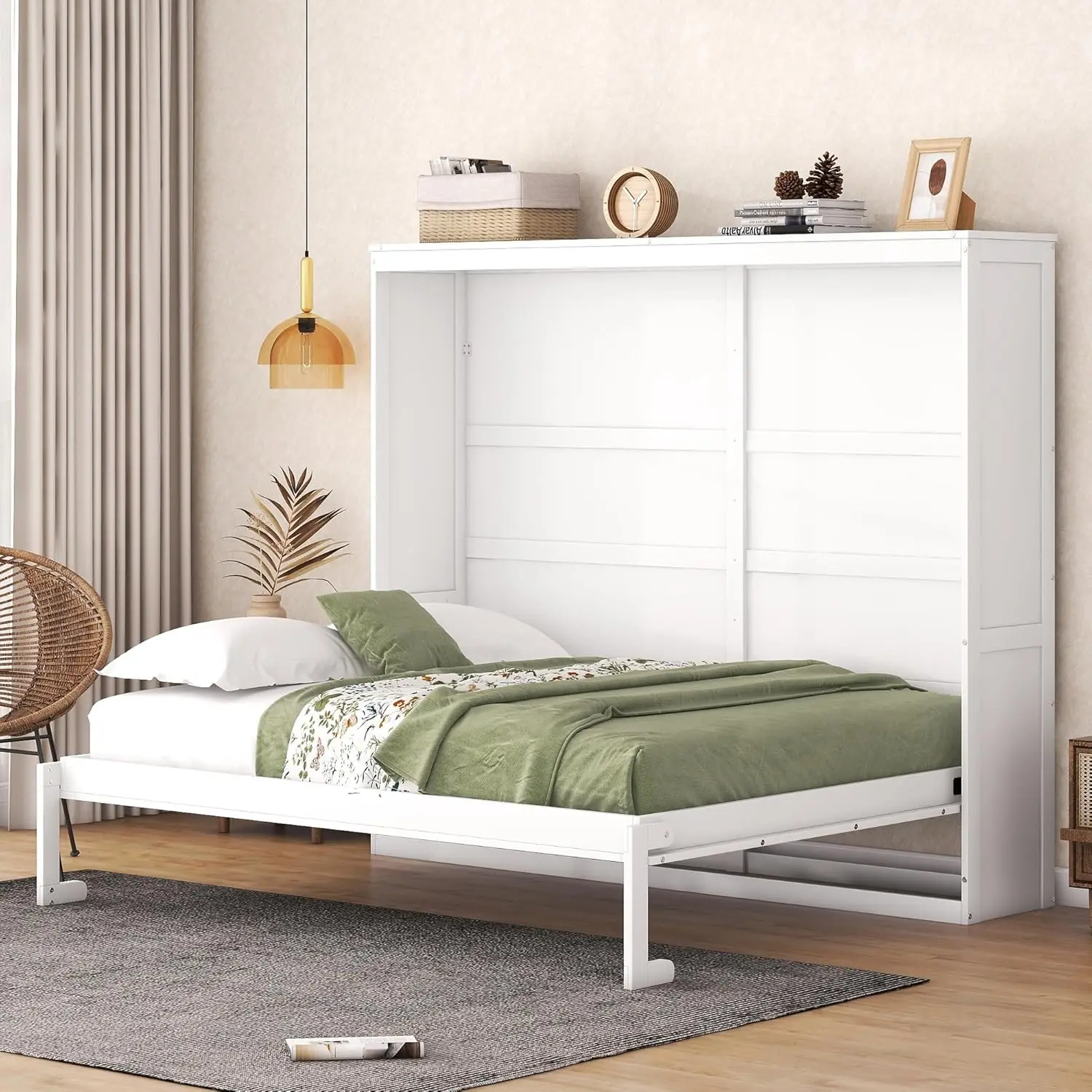 Murphy Bed, Queen Size Wooden Wall Bed For Bedroom, Wood Slat Support, No Box Spring Needed, Easy Assembly, White