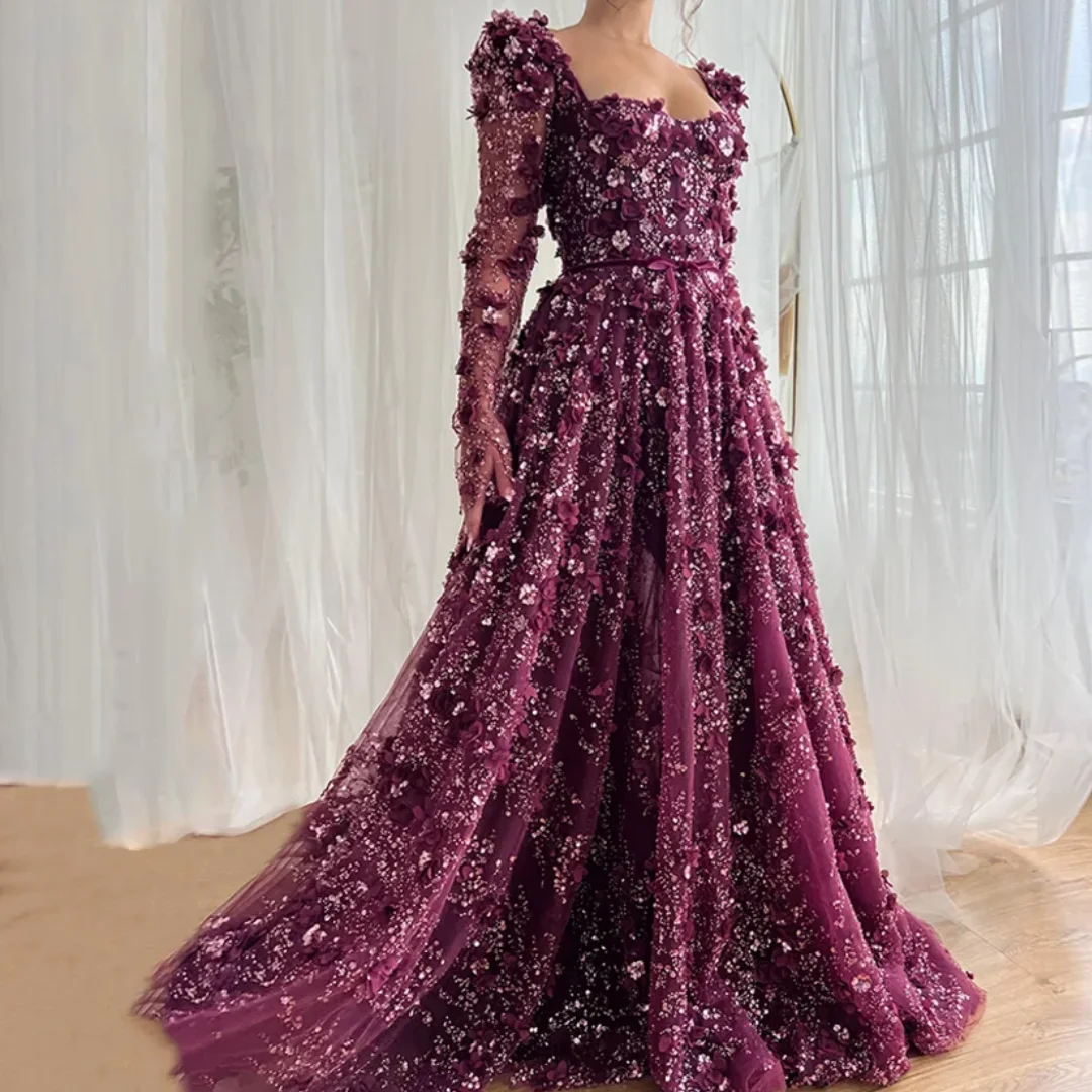 

Luxury Long Sleeves Square Neck Beading Flower A Line Prom Gown Shinny Lace Evening Dress for Wedding Party Customized