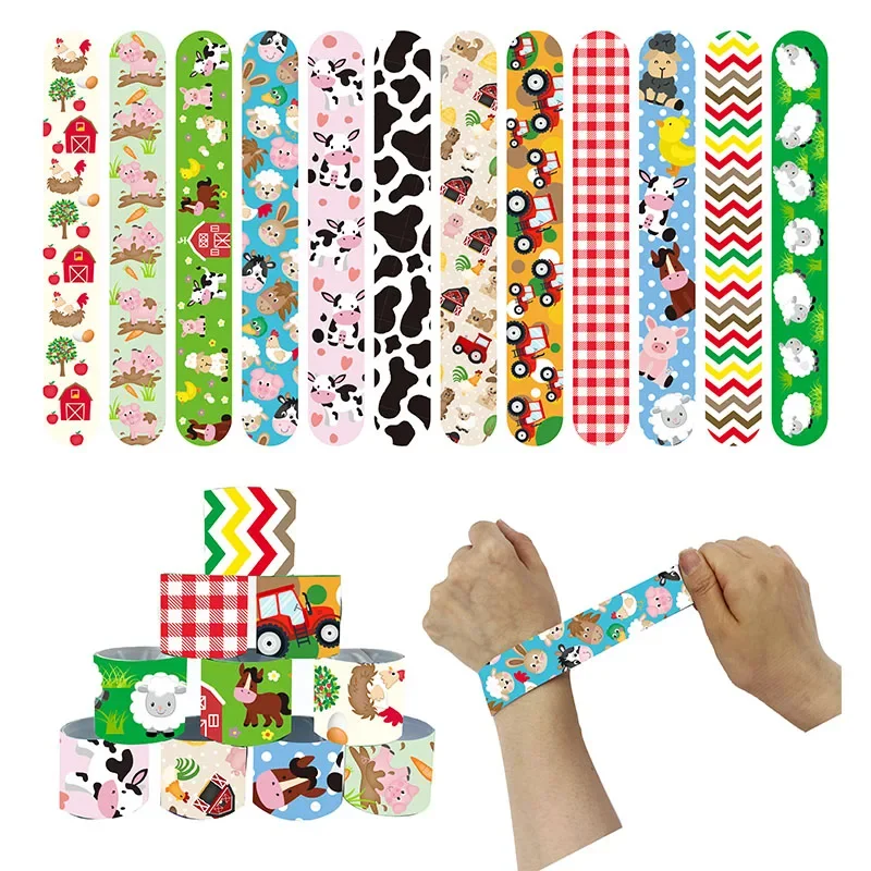 

12pcs Farm Animals Slap Bracelets Farm Party Gifts Cartoon Animals Chicken Cow Bracelets Boys Girls Happy Birthday Party Favors