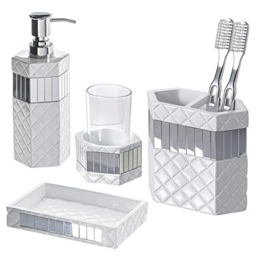 

Quilted Mirror White Bathroom Accessories Set - 4 Piece Decorative Set with Soap Dispenser Toothbrush Holder Tumbler Soap Dish
