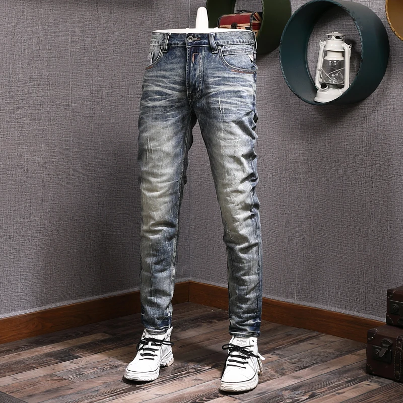 Italian Style Fashion Men Jeans Retro Blue Slim Fit Elastic Trousers Casual Ripped Jeans Men Vintage Designer Denim Pants Hombre