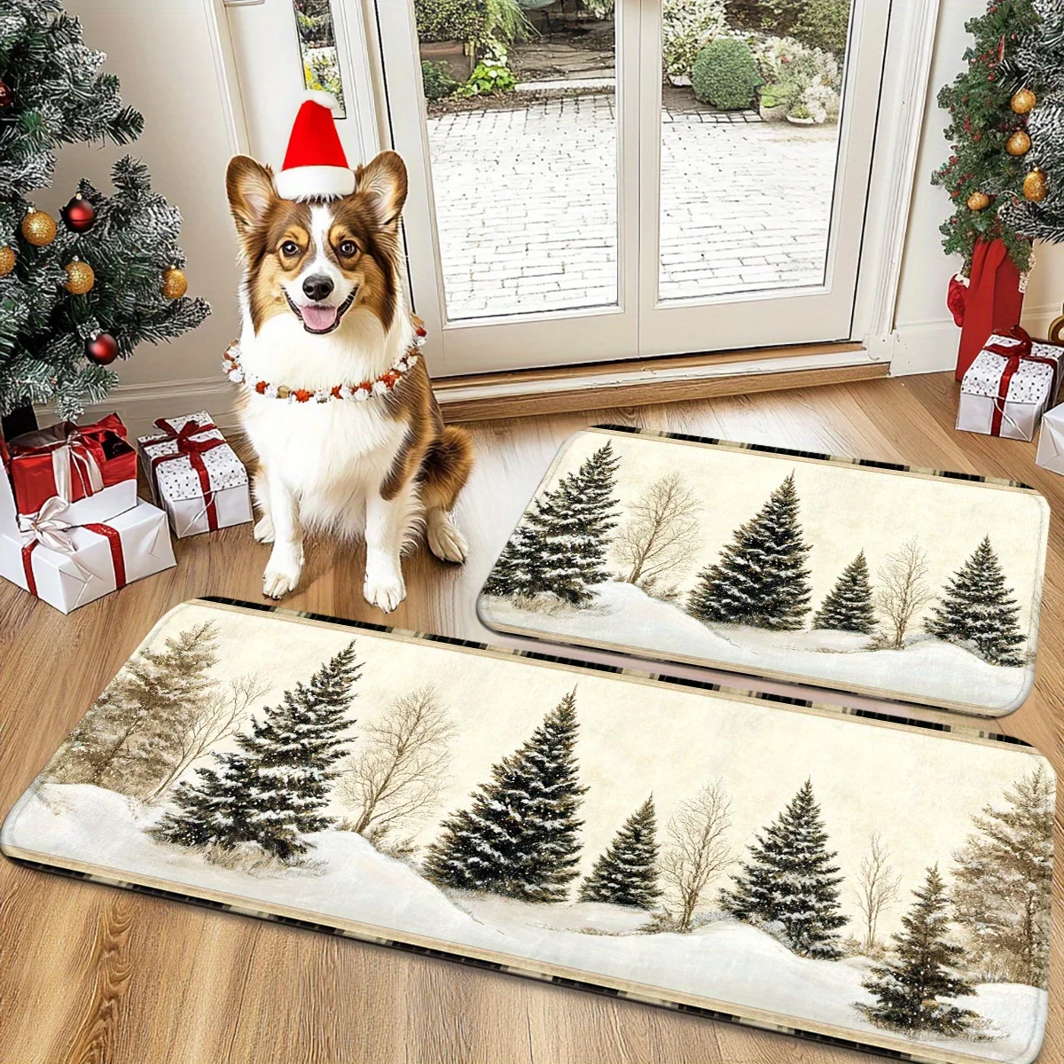 VIKAMA Rustic Winter Christmas Kitchen Rug Set Non Slip Washable Vintage Snow Cedar Tree Forest Mat Holiday Decor