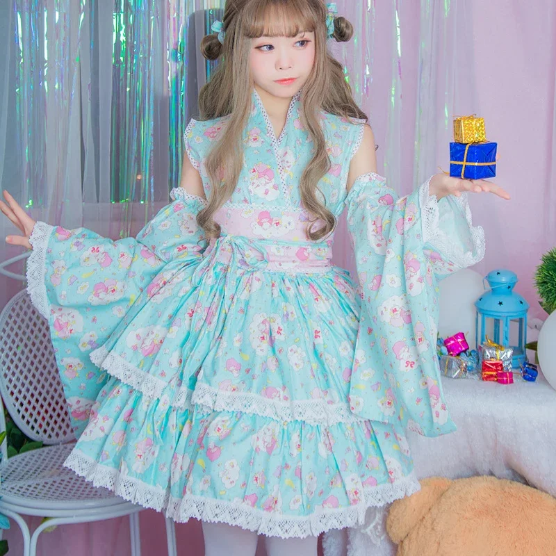 Disfraz de Lolita rosa para mujer, conjunto completo de Kimono con estampado de dibujos animados Kawaii, vestido de niña dulce para carnaval y Navidad