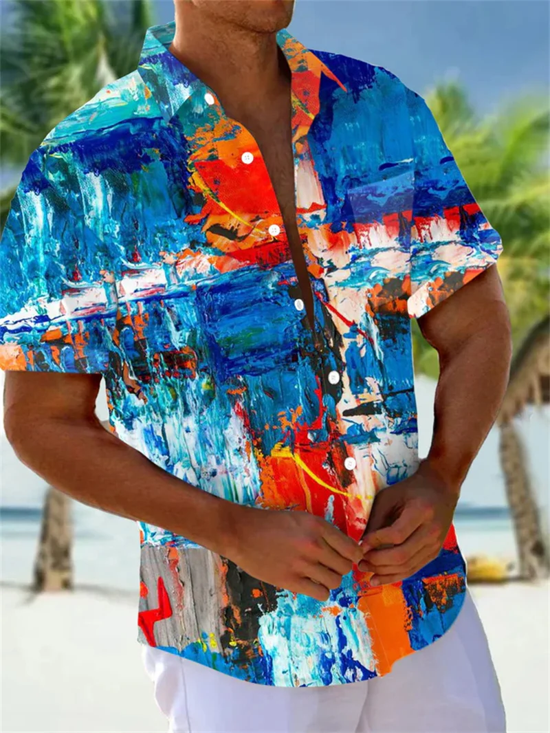 2025 Retro Colorful Peace Pattern Men's Shirt 3D Printed Short Sleeve Collar Shirt Summer Street Button Shirt