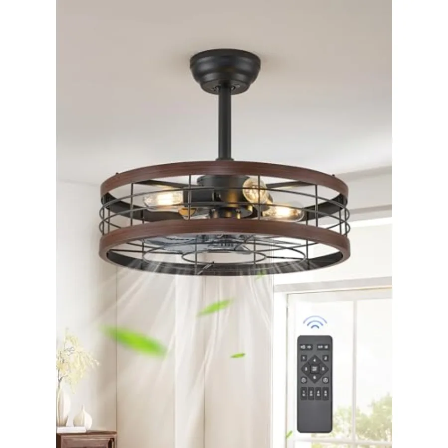

20 inch Fandelier caged ceiling fan with light for kitchen bedroom outdoor, walnut finish metal bladeless fan with remote, 6-sp