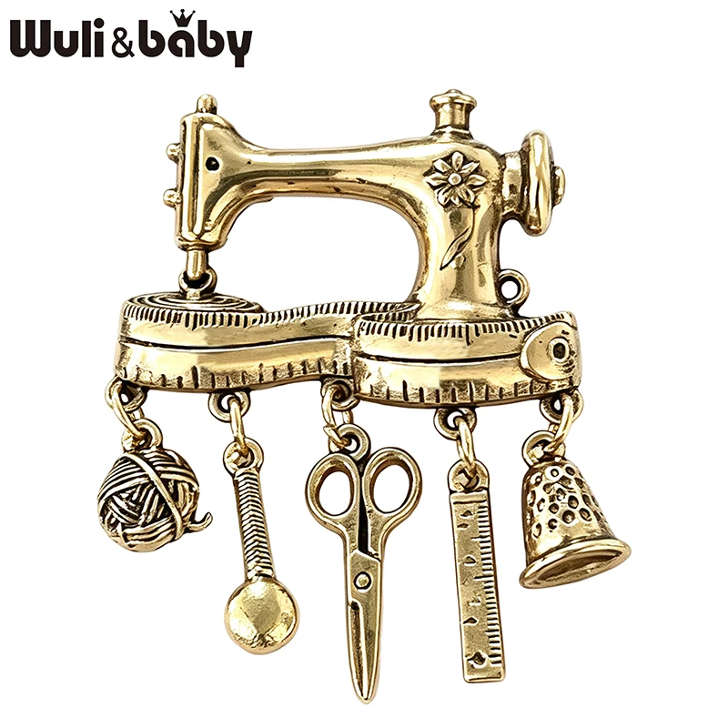 Wuli&baby Vintage Sewing Machine Brooches For Women Men 2-color Metal Scissors Ruler Dangle Charms Party Casual Brooch Pins Gift