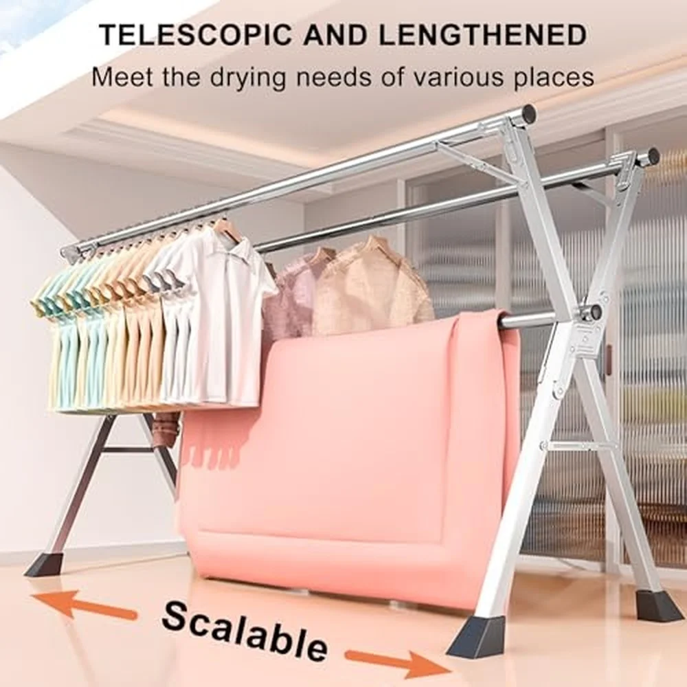 Stainless Steel Clothes Drying Rack Heavy Duty Adjustable Length Space Saving Indoor/Outdoor Folding Laundry Drying Rack