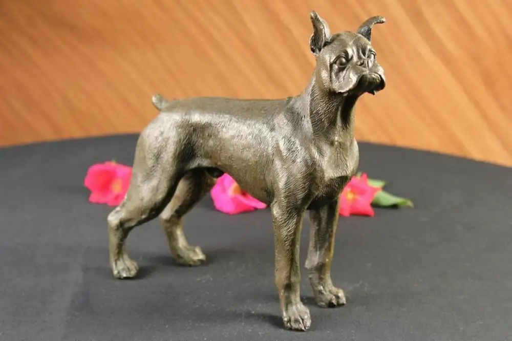 

HANDSOME VINTAGE SIGNED MOIGNIEZ BRONZE BOXER DOG FIGURE STUDY w STONE BASE SALE