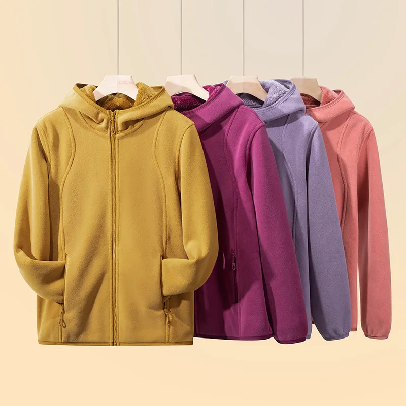 Women's Fleece Lined Running Jacket Heavyweight Drawstring Windproof Full Zip Thicken Hoodie Outerwear Pocket 2026 Outfits Tops