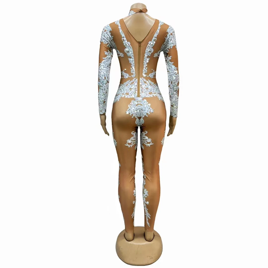 White Jumpsuit Bling Stage Performance Rhinestones Tight Women Singer Dancer Sexy Crystal Leotard Dance Costume Birthday Outfit