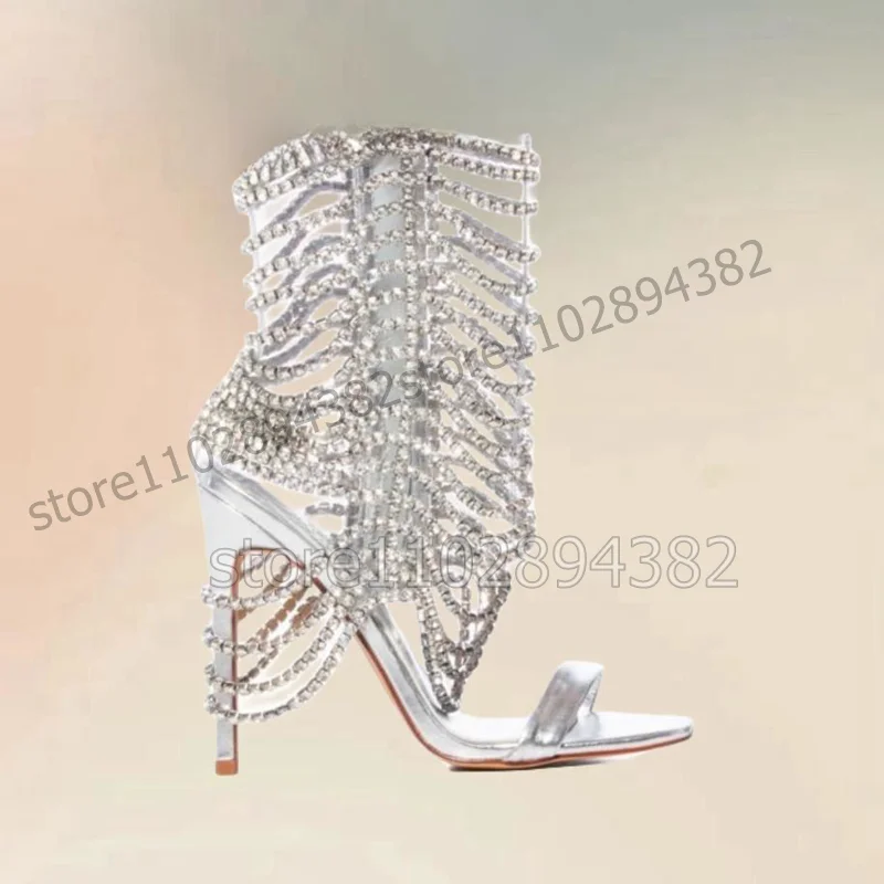 Silver PVC Crystal Chain Decor Open Toe Sandals Boots Side Zipper Women Shoes Thin High Heels Fashion 2023 Zapatos Para Mujere