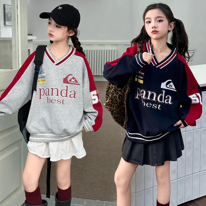 autumn new teenage boys girls American sweatshirt 4 6 8 10 12 14 V-neck letter loose casual tops children clothes Sports shirt
