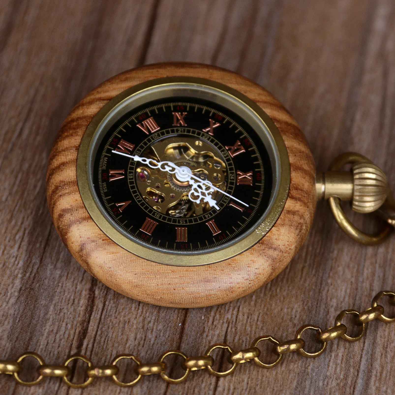 Classic Roman Numerals Display Full Wooden Pocket Watch Mechanical Clock Bronze Hanging Pendant Chain New Vintage Timepiece