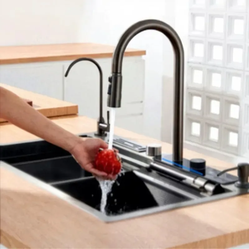 STLF Modern kitchen sink with faucet, single sink rectangular basin, polished, countertop mount, single hole, stainless steel