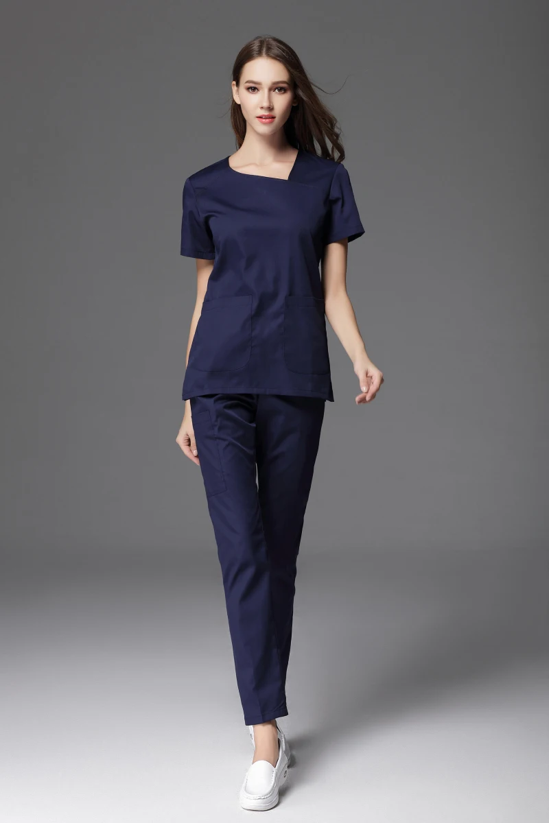 Summer Women's Short Sleeve Small U Neck Medical Scrub Uniform Sets Dental Clinic Spa Beauty Top and Long Pant Working Clothes