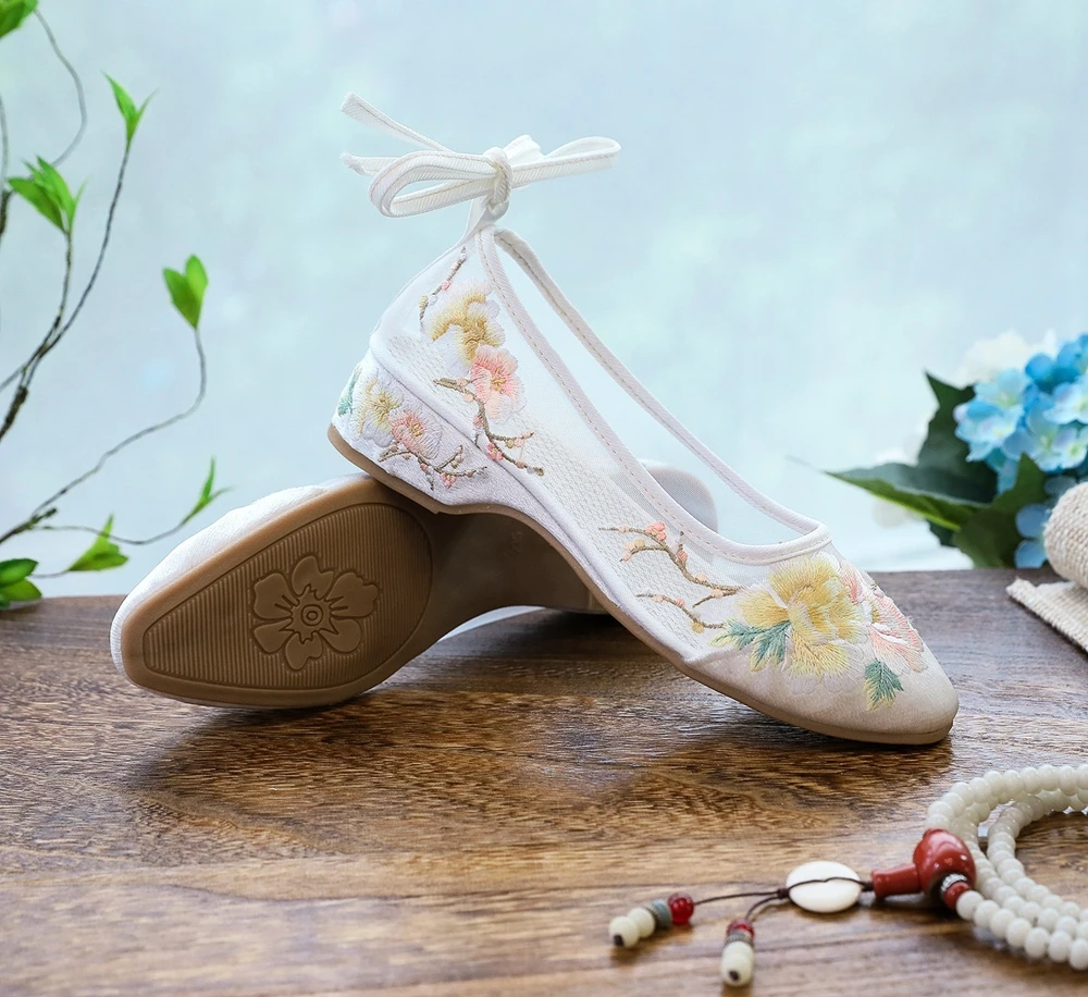 Veowalk Long Ankle Strap Summer Women Gauze Mesh Embroidered Ballet Flats Breathable Comfortable Walking Shoes for Elegant Lady