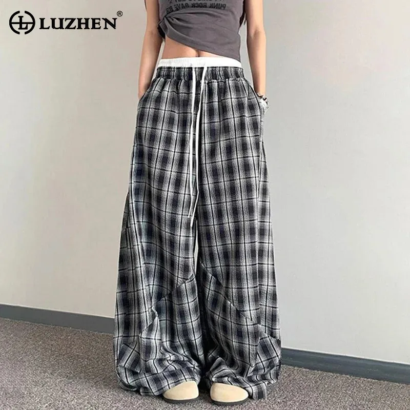 

LUZHEN 2025 New Fashion Drawstring Elastic Waist Splicing Design Straight Casual Pants Men's Plaid Printed Baggy Trousers JY5867