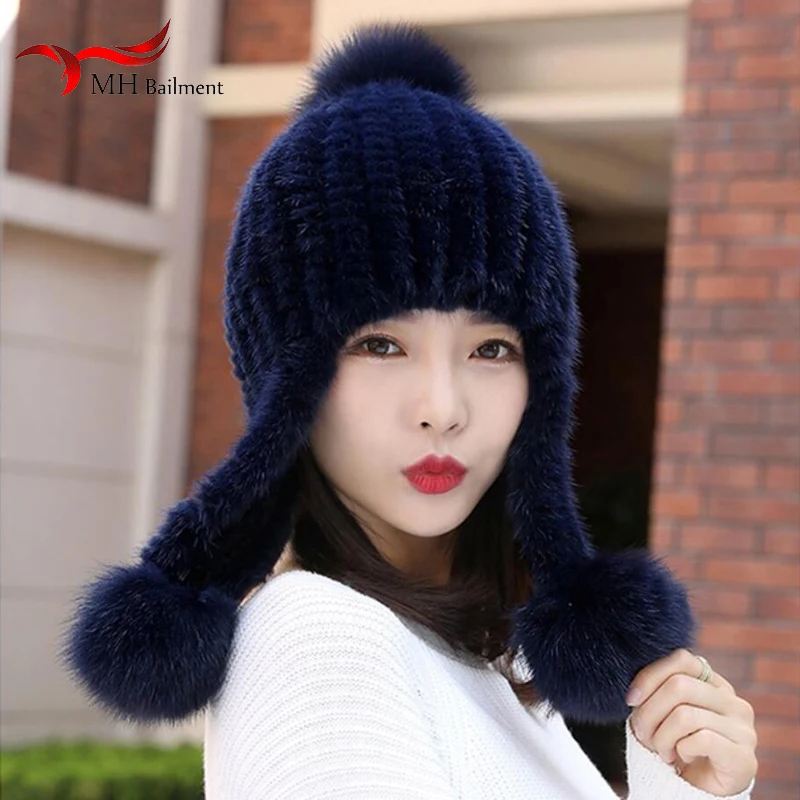 100% Real Mink Fur Hat Women's Winter Aviator Trapper Snow Skiing Ear Caps Earflap Winter Mink Fur Fluffy Bomber Hat