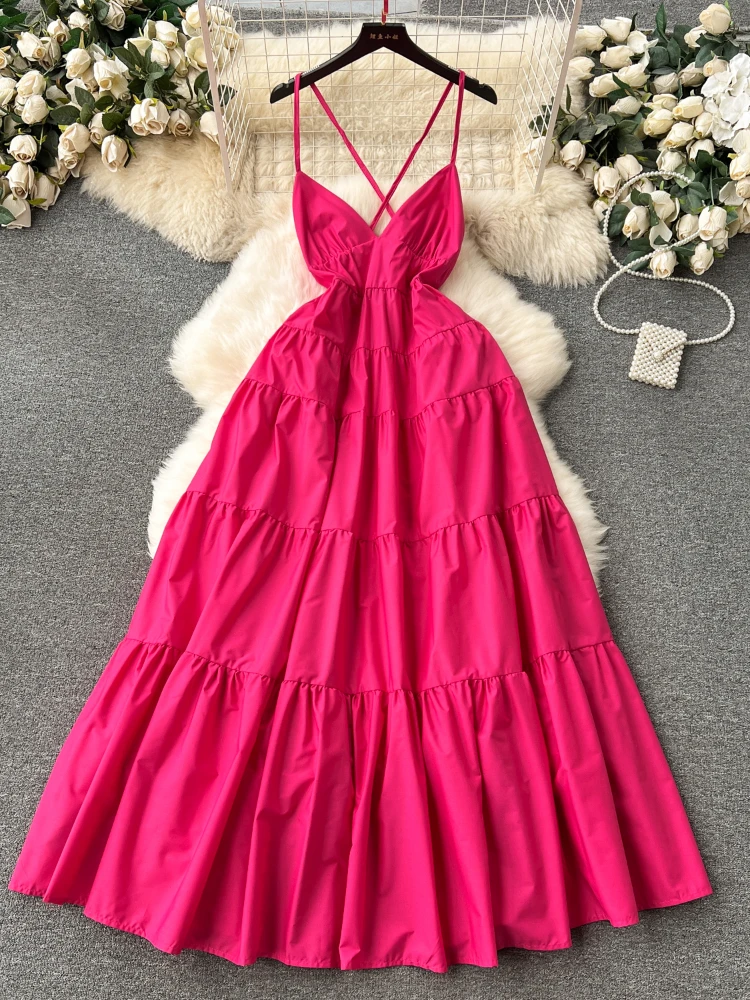 Summer Elegant Beach Dresses Women Sexy V-neck Backless Slim Long Dress Ladies Vintage A-line Sleeveless Long Robe Vestidos