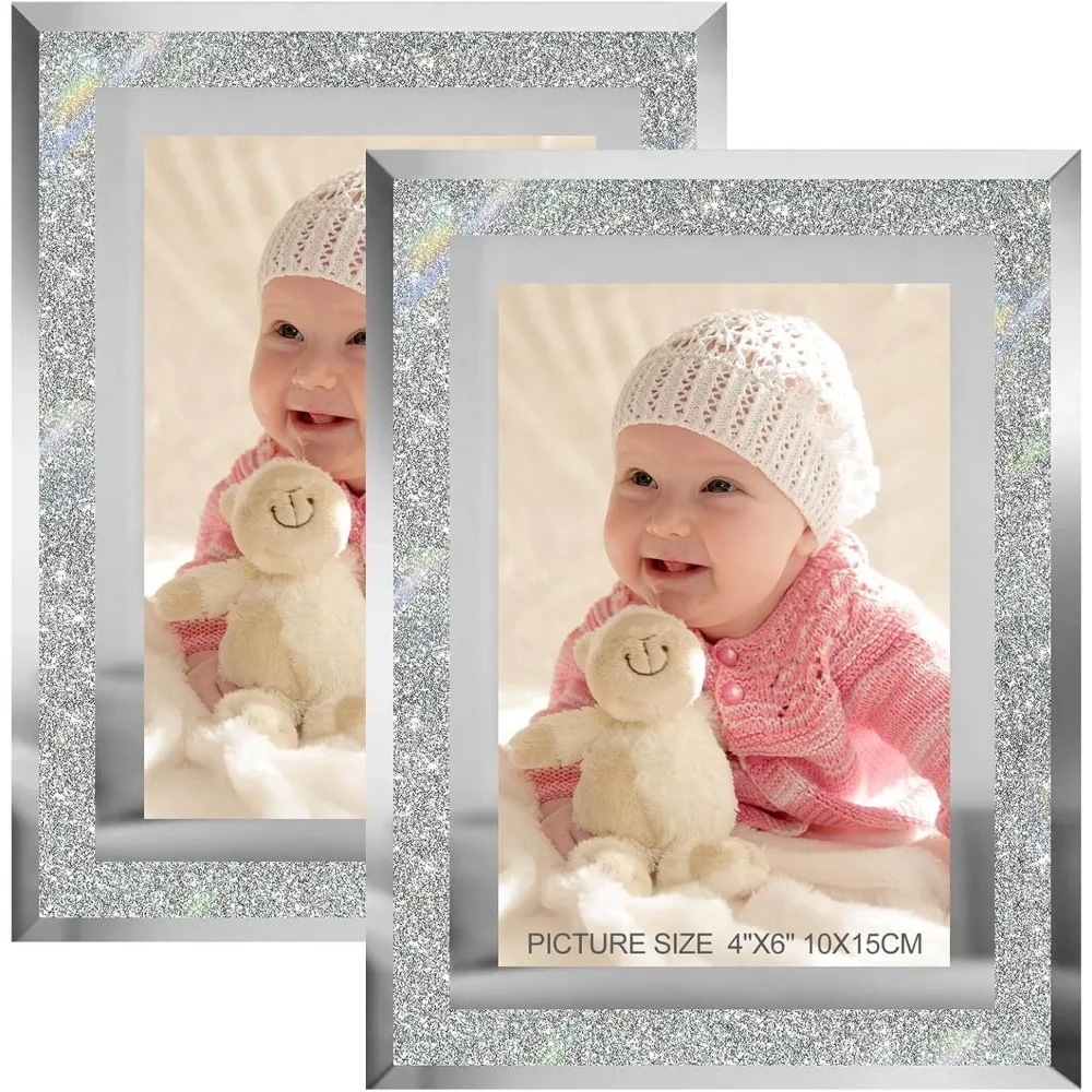 

Рамки для фотографий 4x6, серебро — набор из 2 шт., блестящее настоящее стекло, рамка для фотографий 4 на 6, зеркальный край, отличный подарок, для настольного дисплея,