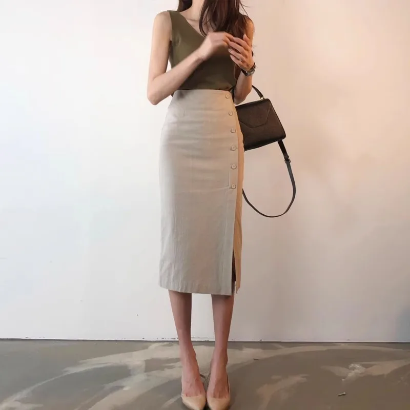 Women's High Waist Slit Midi Skirt Cotton Linen Bodycon Pencil Skirt Elegant Office Wear