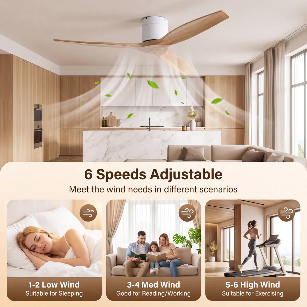 42/52/60 Inch Ceiling Fan 3 Wooden Blades Vintage Industrial Wood Ventilator Remote Control for Coffee Shop Home Hotel Office