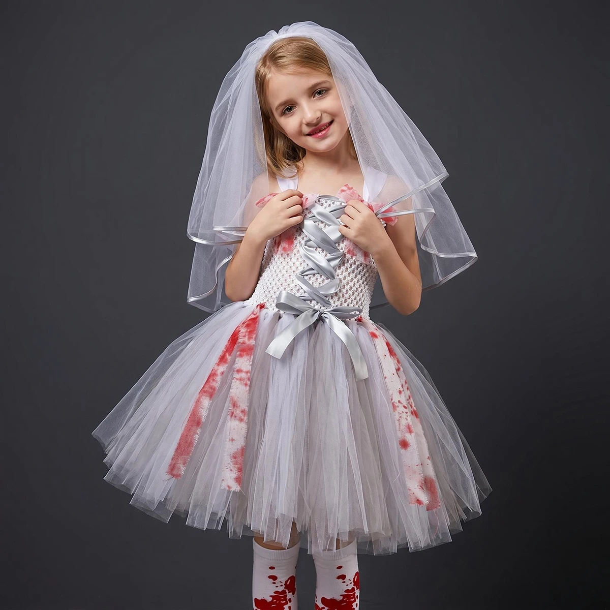Zombie Bride Costume for Girls Grey White Scary Halloween Tutu Dress Spooky Bloody Dress Kids Carnival Party Corpse Bride Outfit