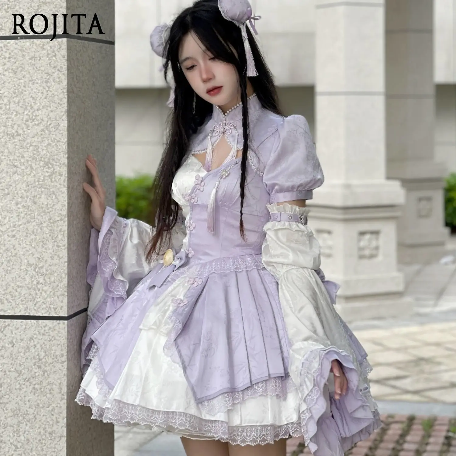 

Lolita Girl Dress Summer New Vintage Stand Collar Elegant Sleeveless A-line Mini Dress and Short Sleeve Top